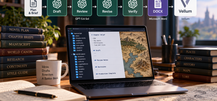 AI-assisted fantasy writing workspace with a chapter workflow from planning through Vellum